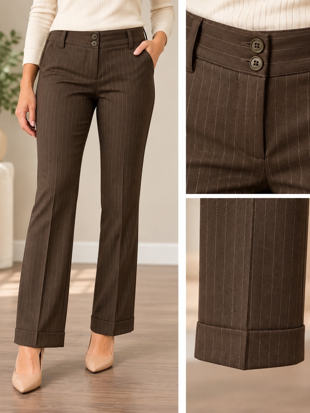 NWT Brown Pinstripe Dress Pants Size 9 Star City Cuffed Stretch